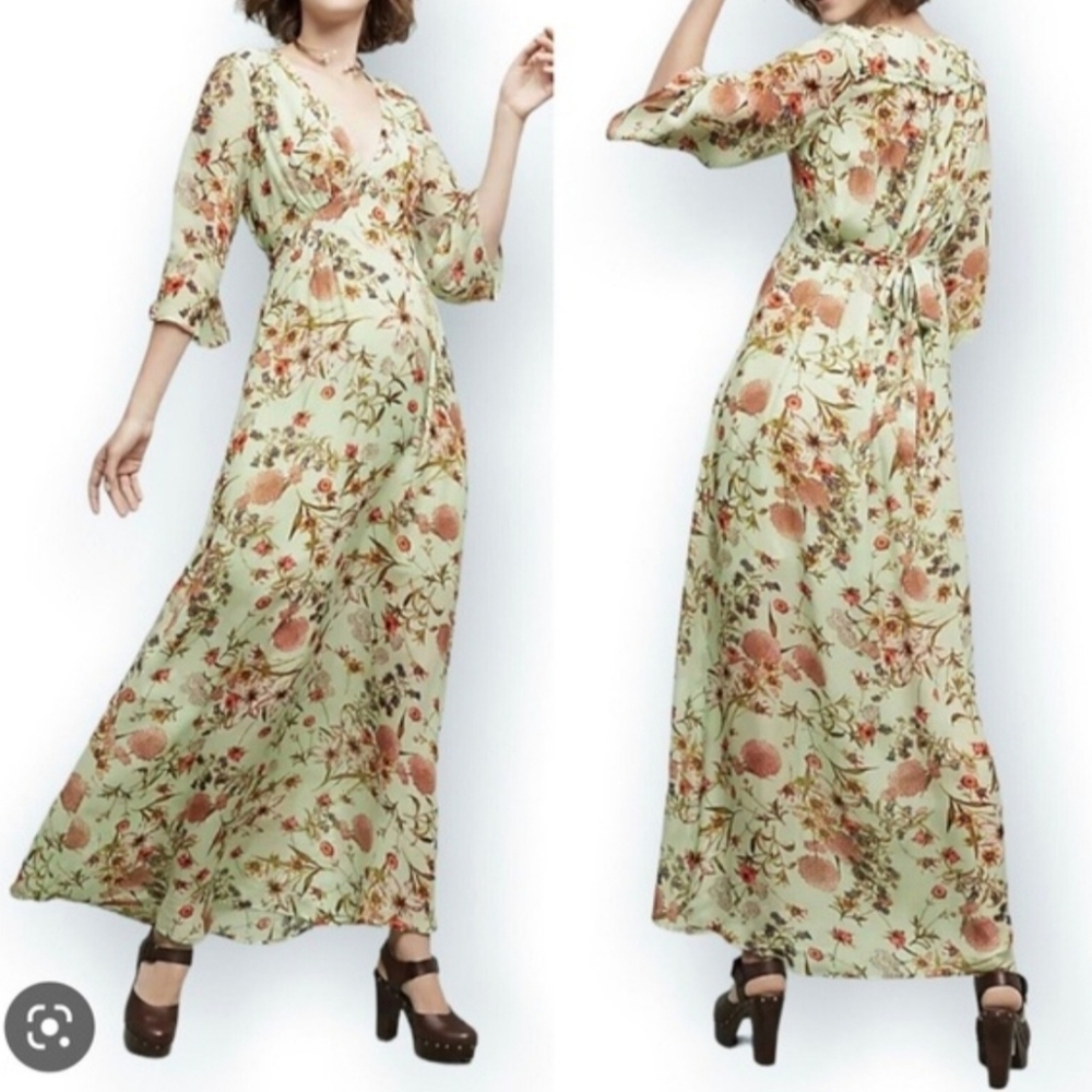 Ghost London Floral Maxi Dress Mint Green 100% Viscose Tie Waist Size L